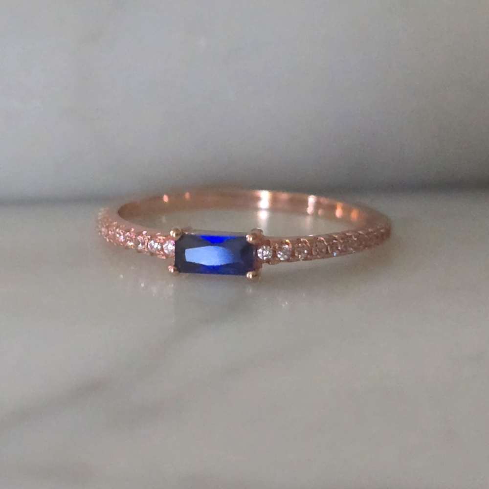 Blue Sapphire  and Rose Gold Over Sterling  Ring Size 7